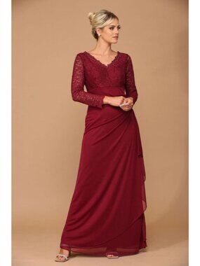 Clearance Burgundy 2XL V-Neck Long Lace Gown Mother of the Groom Dress 3451